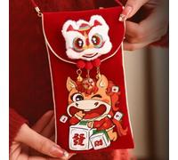 Sac en velours rouge Année du cheval avec broderie et sangle réglable Motif de bon augure Grande capacité 10,5 x 18,5 cm Pour Nouvel An chinois anniversaire (A)