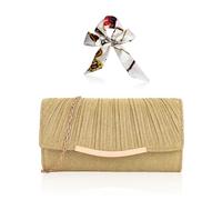 Sac Femme Plissé Doré avec Foulard en Soie - Pochette de Mariage et Soirée - Sequins
