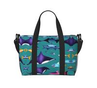 Sac fourre-tout à bandoulière avec fermeture éclair et imprimé raie manta et poissons, sac à main décontracté pour week-end et salle de sport shopping, Noir , Taille unique, Sac de voyage