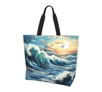 Sac fourre-tout à bandoulière grande capacité pour femme, motif vague, voilier, mouette, sac fourre-tout polyvalent pour les trajets et le shopping