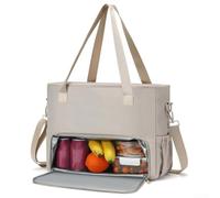 Sac fourre-tout à déjeuner pour femme avec compartiment isotherme et section rembourrée pour ordinateur portable de 15,6", sac de travail en polyester résistant à l'eau avec rangement organisé (beige)