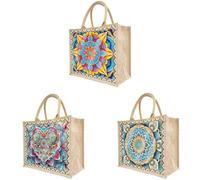 Sac fourre-tout à faire soi-même avec diamants - Sacs en lin - Pour peinture diamant - Sac fourre-tout en toile - Pour peinture diamant - Sacs d'épicerie, Lot de 3 mandalas, 30.5 x 25.5 x 14.5cm
