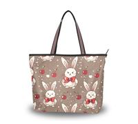 Sac fourre-tout à fermeture éclair en tissu de soie de cerisier avec nœud rouge et lapin blanc pour femme