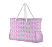 Sac fourre-tout à motif damier violet avec fermeture éclair et poches latérales, sac de voyage, plage avec porte-gobelets sur le côté