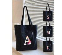 Sac fourre-tout à motif floral et lettres colorées, alphabet floral de A à Z. Sac cabas en canevas décontracté pour femmes. Sac de rangement décontracté et portable. Sac de courses multifonctionnel, s