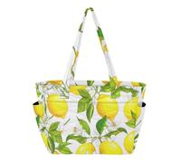 Sac fourre-tout avec poche pour bouteille d'eau, jaune vif citrons blancs