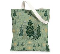 Sac fourre-tout botanique en toile de pin, forêt, arbres de Noël, 33 x 38 | Décorations étoiles dorées, motif guirlande lumineuse, illustrations botaniques, fond vert sauge, accessoire de shopping