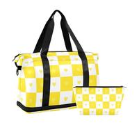 Sac fourre-tout de sport multifonction avec sangle réglable Motif écossais Doré et blanc, Motif carreaux de buffle Doré Blanc Cœur, 1 size