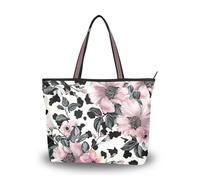 Sac fourre-tout de travail en tissu de soie avec fermeture éclair pour femme pour bal, fiançailles, cocktail, fête, mariage (fleurs élégantes noires), taille L
