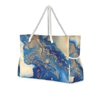 Sac fourre-tout de voyage anti-sable à texture marbre bleu-or avec poches latérales pour femme avec porte-gobelets sur le côté