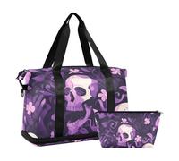 Sac fourre-tout de voyage violet avec motif tête de mort et fleur mystérieuse avec trousse de toilette pour voyage étanche, Tête de mort mystérieuse violette, 1 size