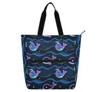 Sac fourre-tout décoratif pour enfants et adultes, baleine fluorescente, vague bleue, grand sac fourre-tout pour bibliothèque, sac fourre-tout avec poches pour l'école, le travail, les voyages