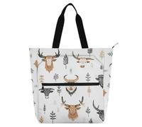 Sac fourre-tout décoratif pour enfants, étudiants, adultes, style bohème simple, motif vache West Highlander, sac de courses étanche avec poignées à fermeture éclair pour l'école, le travail, les