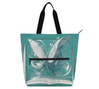 Sac fourre-tout décoratif pour enfants, femmes et hommes, motif papillon abstrait argenté, notes de musique, bleu sarcelle, résistant à l'eau, sac à main avec poches à fermeture éclair pour