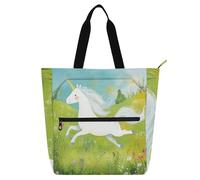 Sac fourre-tout décoratif pour enfants, femmes, hommes, licornes qui courent dans un prairie, sac fourre-tout imperméable pour enseignant, sac fourre-tout avec fermeture éclair pour l'école, le