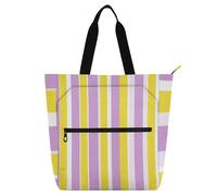 Sac fourre-tout décoratif pour enfants, femmes, hommes, motif à rayures violettes et jaunes, grand sac de bibliothèque, sac à main avec poches à fermeture éclair, pour l'école, le shopping, les