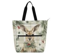 Sac fourre-tout décoratif pour enfants, femmes, hommes, motif kangourou vert, motif à carreaux, flocons de neige, Noël, grand sac d'école avec poches à fermeture éclair pour l'école, le shopping, les