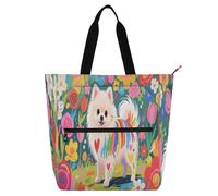 Sac fourre-tout décoratif pour enfants, garçons et filles, adultes, graffiti coloré, chien de Poméranie, fleur robuste, robuste, réutilisable, sac de bibliothèque, sac d'épicerie, pour l'école, le