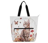 Sac fourre-tout décoratif pour enfants pour garçons filles femmes, dessin animé, mignon, chic, chat, marron, léger, sac fourre-tout pour bibliothèque, livre, sac fourre-tout avec poches pour l'école