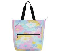 Sac fourre-tout décoratif pour garçons et filles, adultes, fleurs bleues et roses en été, sac fourre-tout robuste pour bibliothèque, sac fourre-tout avec poches pour l'école, le shopping, la plage
