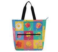 Sac fourre-tout décoratif pour livres pour garçons et filles, adultes, motif floral coloré à carreaux, grand sac fourre-tout de bibliothèque avec poignées à fermeture éclair pour l'école, le shopping