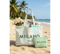 Sac fourre-tout en canevas rayé vintage avec impression de lettre "Milan", ruban, sac cosmétique, sac à bandoulière rayé grande capacité pour femmes, sac de courses réutilisable, sac à main décontract