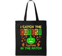 Sac fourre-tout en coton écologique et naturel avec inscription « I Catch The Cutest Pumpkins in The Patch », motif citrouille verte, noir, Noir , Taille unique