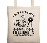 Sac fourre-tout en coton écologique et naturel avec inscription « I Don't Believe in Magic I Believe in Workouts » Beige