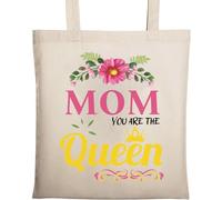 Sac fourre-tout en coton écologique et naturel avec inscription Mom You are The Queen Flowers Beige