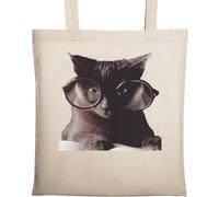 Sac fourre-tout en coton écologique naturel beige avec livre de lecture de chat style hipster, beige, Taille unique