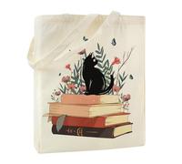 Sac fourre-tout en coton imprimé en toile - Sac à provisions esthétique avec chat - 35 x 42 x 8 cm - Sac à main avec poche intérieure - Cadeaux pour femme, petite amie, maman pour anniversaire, Noël