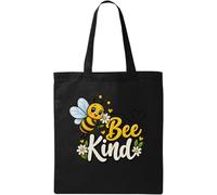Sac fourre-tout en coton naturel avec abeille tenant une fleur avec message aimable Noir
