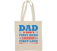 Sac fourre-tout en coton naturel avec inscription Dad A Son's First Hero A Daughter's First Love Bleu et rouge