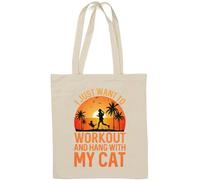 Sac fourre-tout en coton naturel avec inscription « I Just Want to Workout and Hang with My Cat » - Blanc