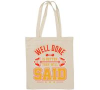 Sac fourre-tout en coton naturel avec inscription « Well Done is Better Than Well Said Barbell » Blanc