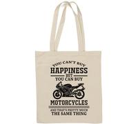 Sac fourre-tout en coton naturel avec inscription « You Can't Buy Happiness But You Can Buy Motorcycles and That's The Same Thing » Blanc