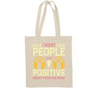 Sac fourre-tout en coton naturel avec slogan « I want people to get positive energy from our music » Blanc