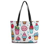 Sac fourre-tout en cuir à motif floral bleu sarcelle gris et blanc pour femme, sac à main avec poignée sur le dessus, sac à main décontracté, sac à bandoulière de travail, Crème glacée Doodle, 29*34