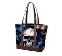 Sac fourre-tout en cuir durable avec poignée sur le dessus - Motif tête de mort et papillon - 793, Multicolore 01, 33.8x12x31cm/13.3x4.7x12.2 in