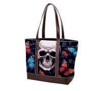 Sac fourre-tout en cuir durable avec poignée sur le dessus - Motif tête de mort et papillon - 793, Multicolore 10, 33.8x12x31cm/13.3x4.7x12.2 in