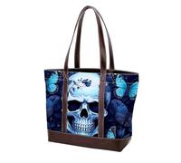 Sac fourre-tout en cuir durable avec poignée sur le dessus - Motif tête de mort et papillon - 793, Multicolore 09, 33.8x12x31cm/13.3x4.7x12.2 in