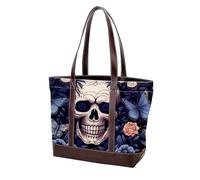Sac fourre-tout en cuir durable avec poignée sur le dessus - Motif tête de mort et papillon - 793, Multicolore 02, 33.8x12x31cm/13.3x4.7x12.2 in