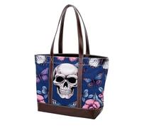 Sac fourre-tout en cuir durable avec poignée sur le dessus - Motif tête de mort et papillon - 793, Multicolore 05, 33.8x12x31cm/13.3x4.7x12.2 in