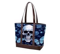 Sac fourre-tout en cuir durable avec poignée sur le dessus - Motif tête de mort et papillon - 793, Multicolore 08, 33.8x12x31cm/13.3x4.7x12.2 in