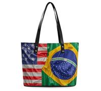 Sac fourre-tout en cuir imprimé patte de chien pour femme avec poignée sur le dessus, sac à main décontracté, sac à bandoulière de travail, Drapeaux américains et brésiliens, 29*34*14cm