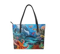 Sac fourre-tout en cuir PU imprimé dauphins, tortue de mer, pieuvre, récif de corail, sac à main pour femme, sac à main pour le travail, les voyages, l'école, Dauphins Sea Coral Reef Octopus, Taille