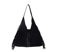 Sac fourre-tout en faux suède Sac à bandoulière vintage Grand sac Hobo à franges pour femmes (Noir)