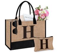 Sac fourre-tout en jute avec initiale et trousse de maquillage, cadeau d'anniversaire pour femme, maman, enseignante, convient pour mariage, plage, vacances, noir/marron, 40 cm x 30 cm x 20 cm
