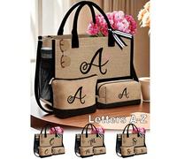 Sac fourre-tout en jute/canevas avec lettres noires A-Z, comprenant un sac à maquillage. Sac personnalisé, convenant pour un mariage, un anniversaire, la plage, les vacances, l'école. C'est un très be