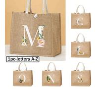 Sac fourre-tout en lin, comprenant 1 sac fourre-tout imprimé avec des lettres de A à Z, lettres blanches, motif tournesol, emballage cadeau personnalisé, sac fourre-tout en lin jaune avec fermeture à 